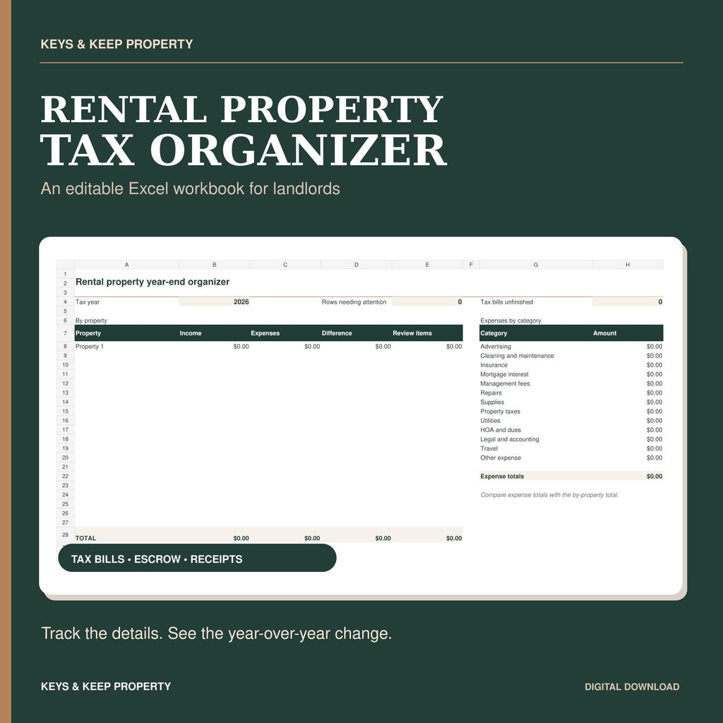Rental Property Tax Organizer | Excel + Google Sheets Tracker for Expenses, Escrow & Tax Bill Increases