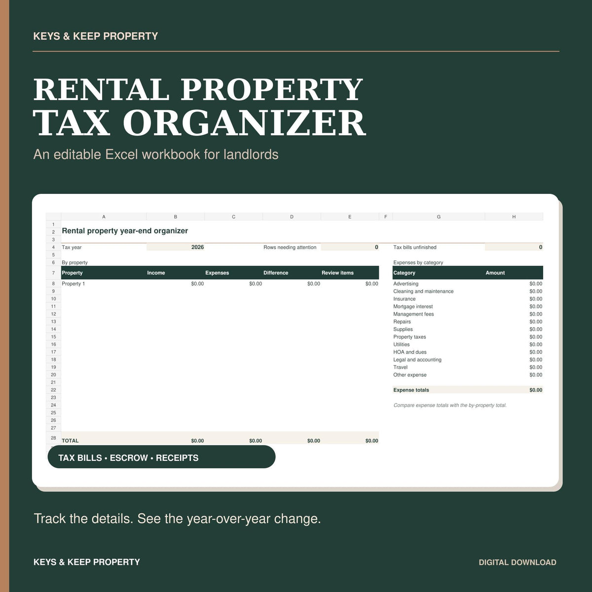 Rental Property Tax Organizer | Excel + Google Sheets Tracker for Expenses, Escrow & Tax Bill Increases
