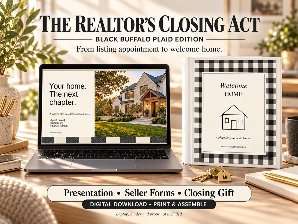 Laptop displaying a real estate presentation beside a black buffalo plaid Welcome Home binder and keys.