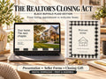 Laptop displaying a real estate presentation beside a black buffalo plaid Welcome Home binder and keys.