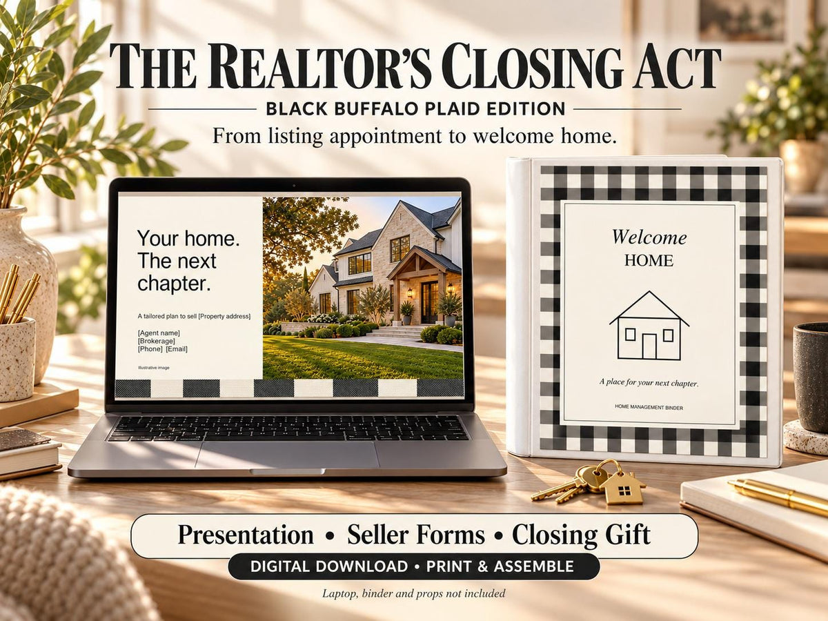 Real Estate Listing Presentation and Closing Gift Bundle | Black Buffalo Plaid Canva Template + Home Binder
