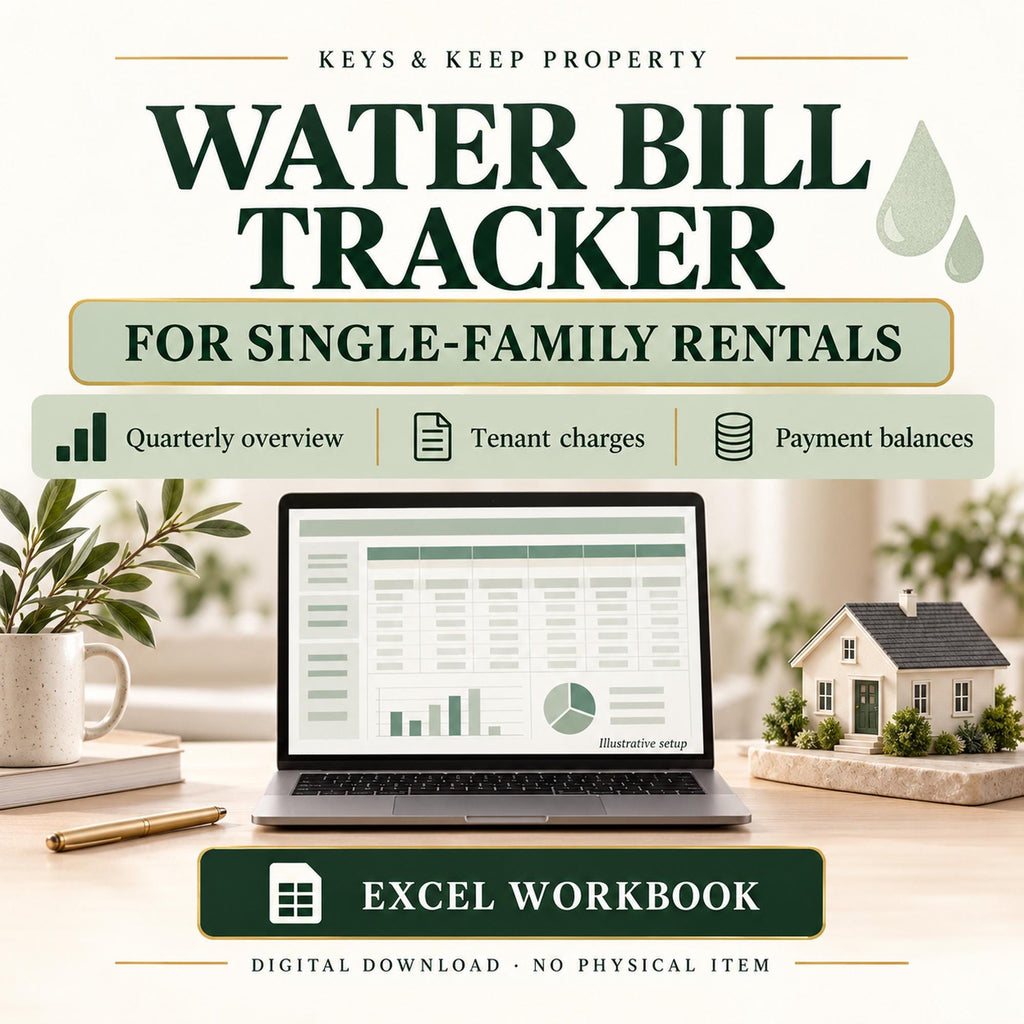 Water Bill Tracker graphic showing a laptop spreadsheet dashboard beside a model house, plant, and pen.