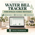 Water Bill Tracker graphic showing a laptop spreadsheet dashboard beside a model house, plant, and pen.