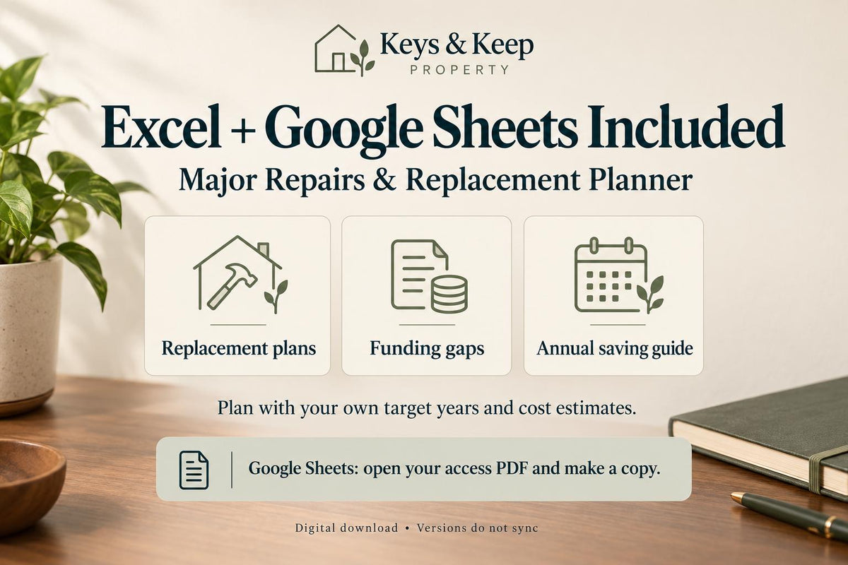 Property Repair & Replacement Planner | Excel + Google Sheets Maintenance Budget Tracker + 6-Page Printable PDF