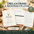 Dream Home and Room Design Planner graphic with cover, color palette, and moving checklist on a wooden table.