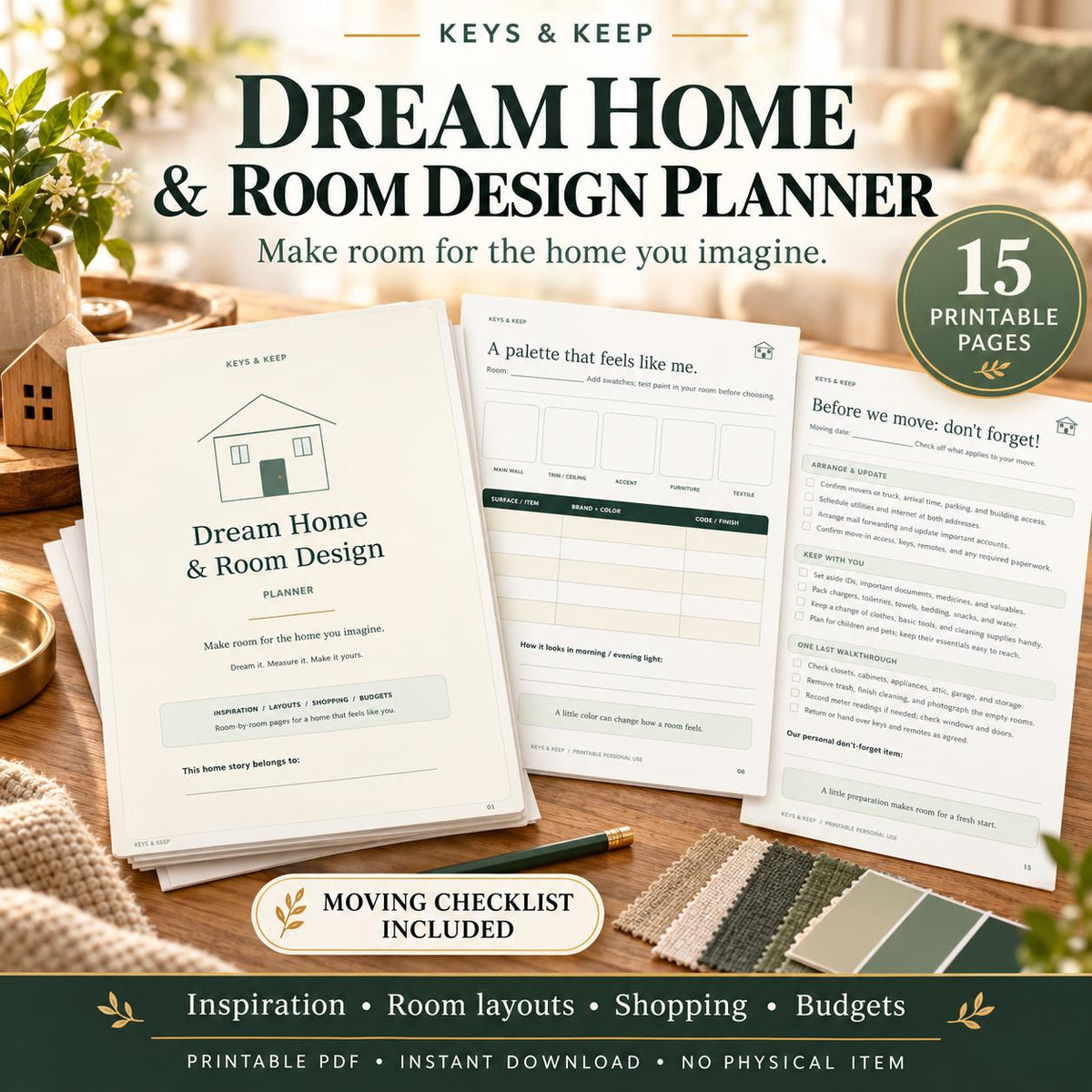 Room Design Planner | 15-Page Printable PDF, Decorating Budget & Moving Checklist