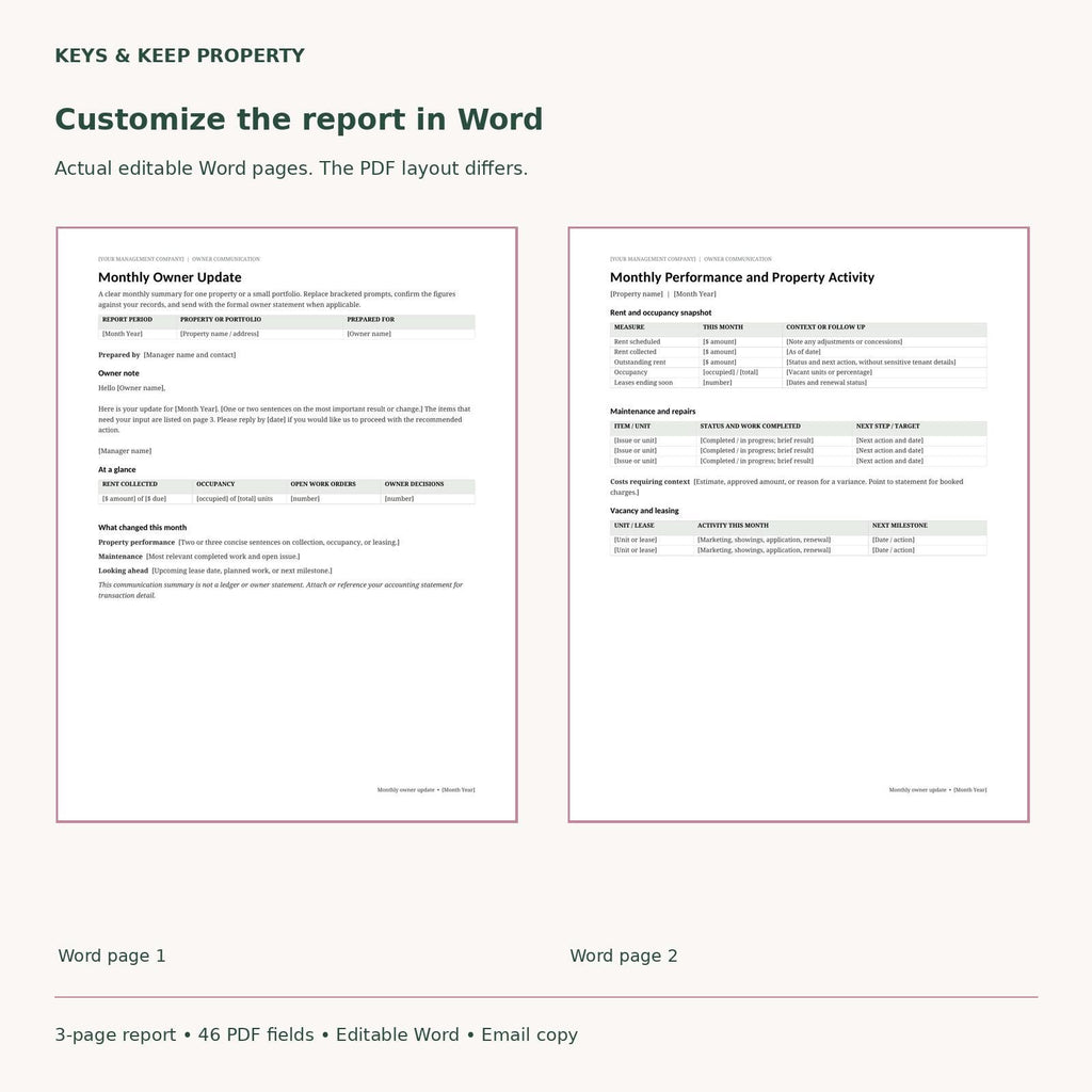 Property Management Owner Report Template | Monthly Rental Update, Word & Fillable PDF