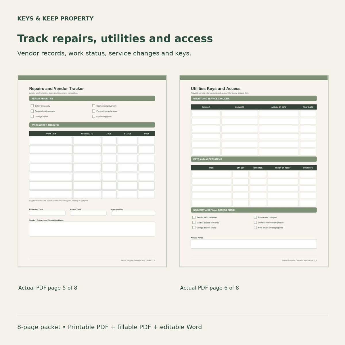 Rental Turnover Checklist & Tracker – Editable Word, Fillable PDFs (8-Page Packet)
