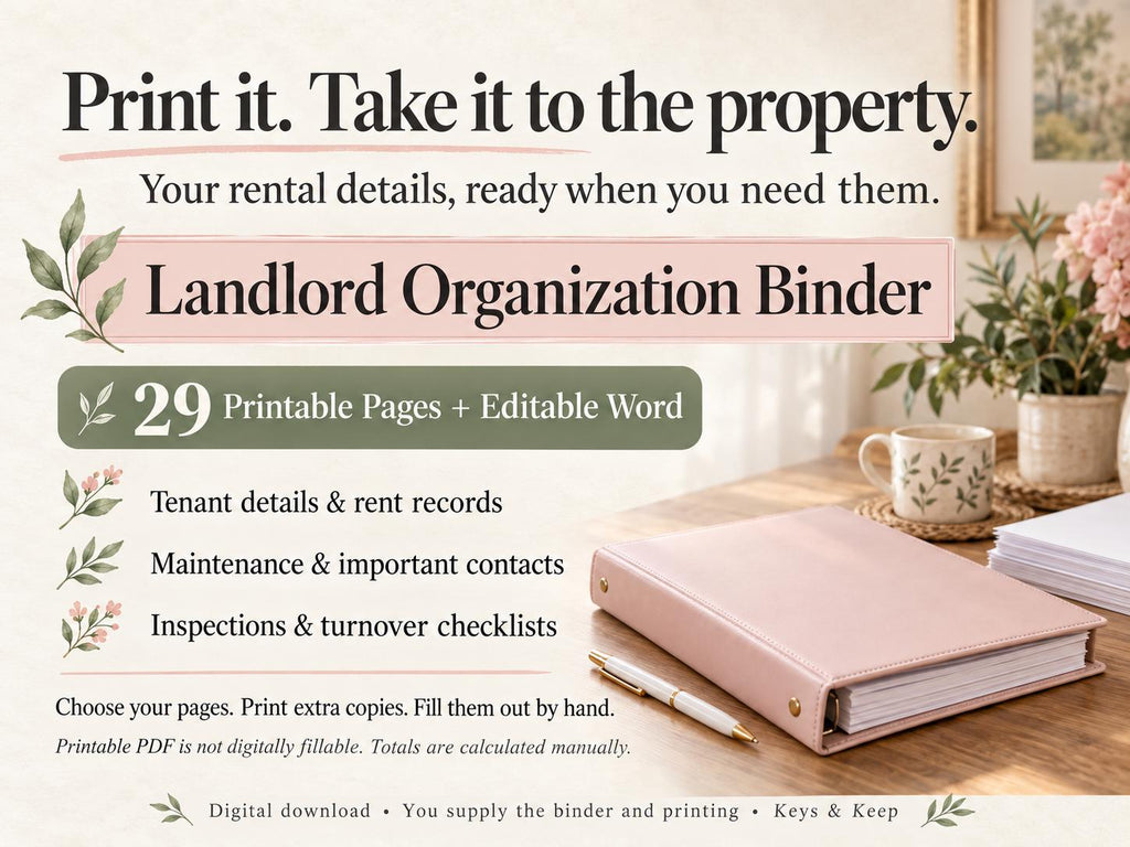 Closed pink landlord binder with 29-page heading and tenant, maintenance, inspection, and turnover features.
