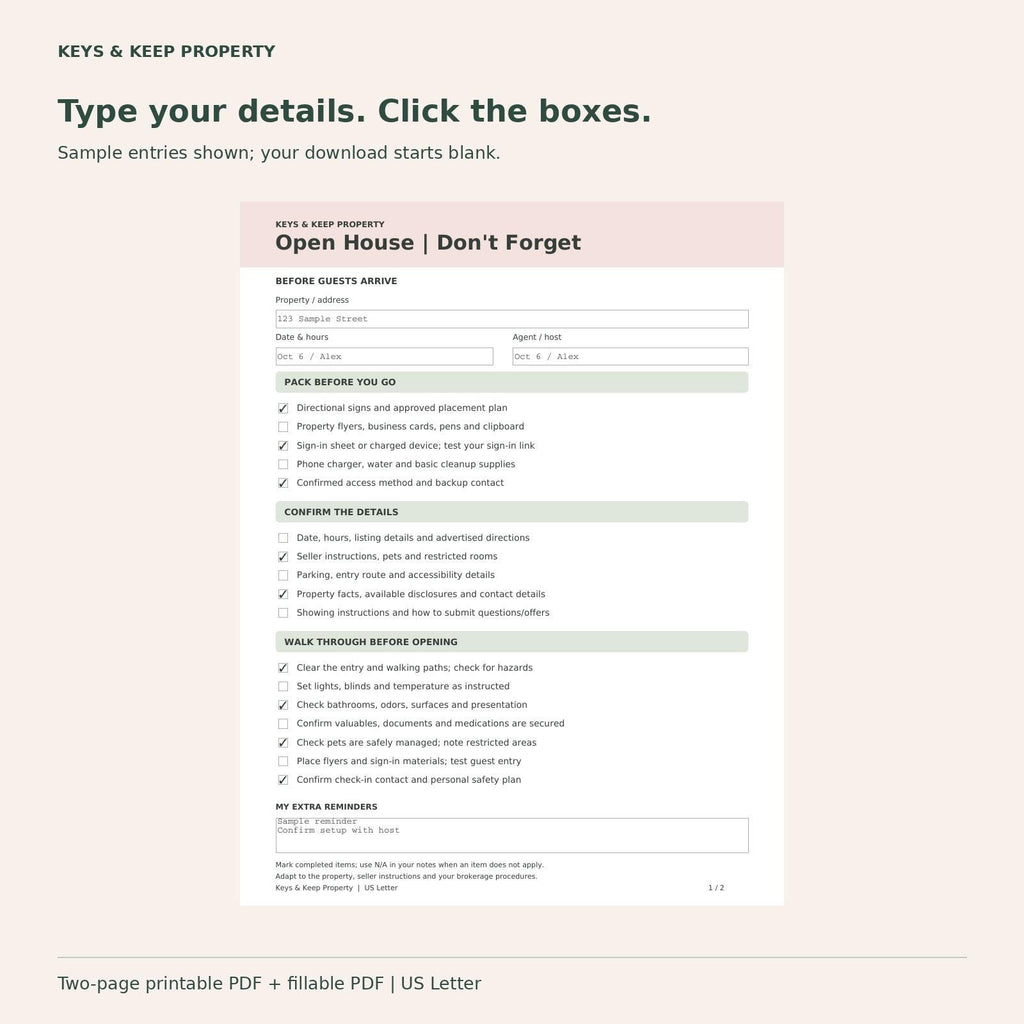 Open House Checklist for Realtors | 2-Page Printable and Fillable PDF | Prep, Hosting and Follow-Up