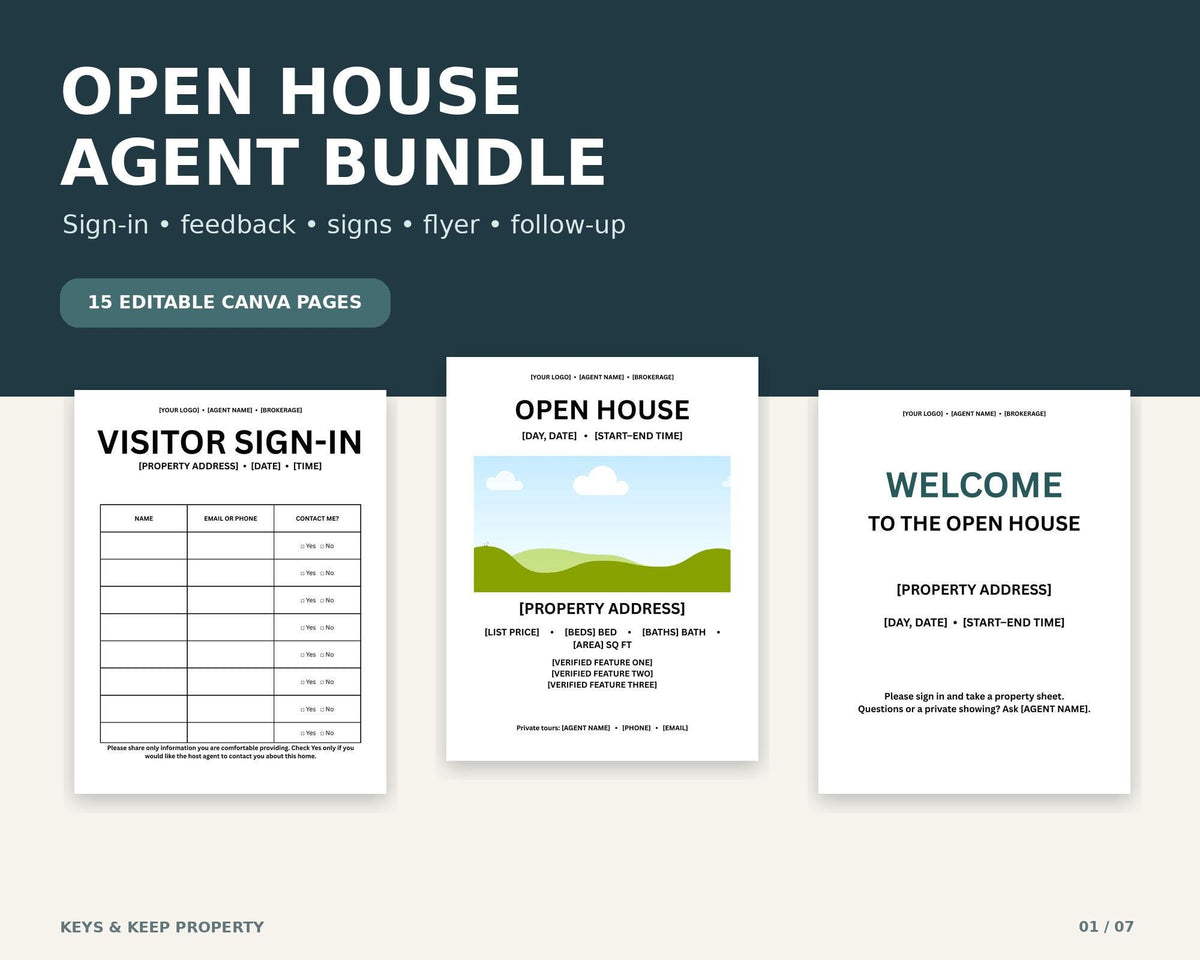 Open House Canva Template Bundle | Sign-In Sheet, Feedback Form, Signs and Property Flyer | 15 Editable Pages
