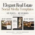 Elegant Real Estate Social Media Templates graphic with Just Listed, Open House, and Just Sold design previews.