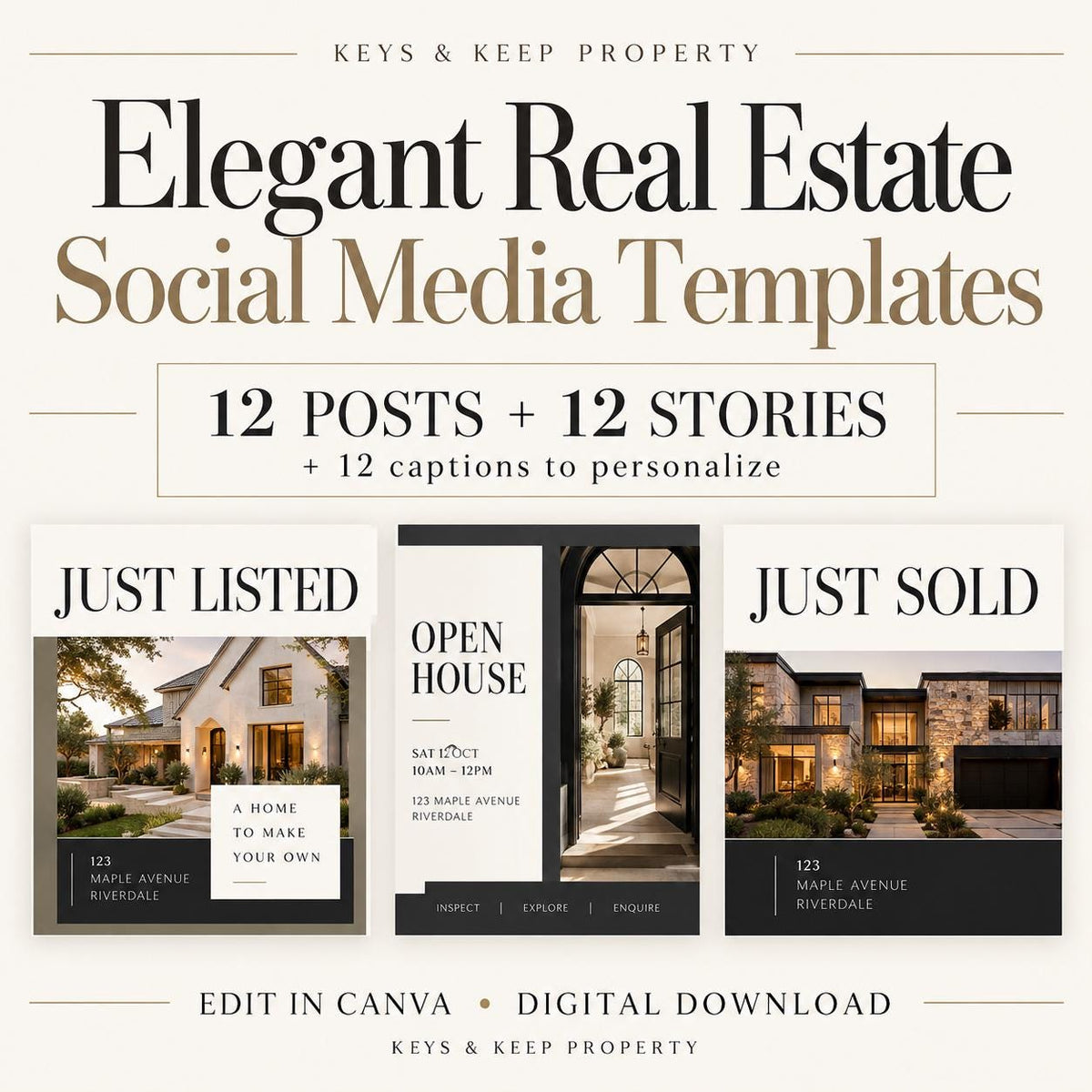 Real Estate Social Media Templates | Elegant Canva Kit, 12 Posts + 12 Stories and Captions