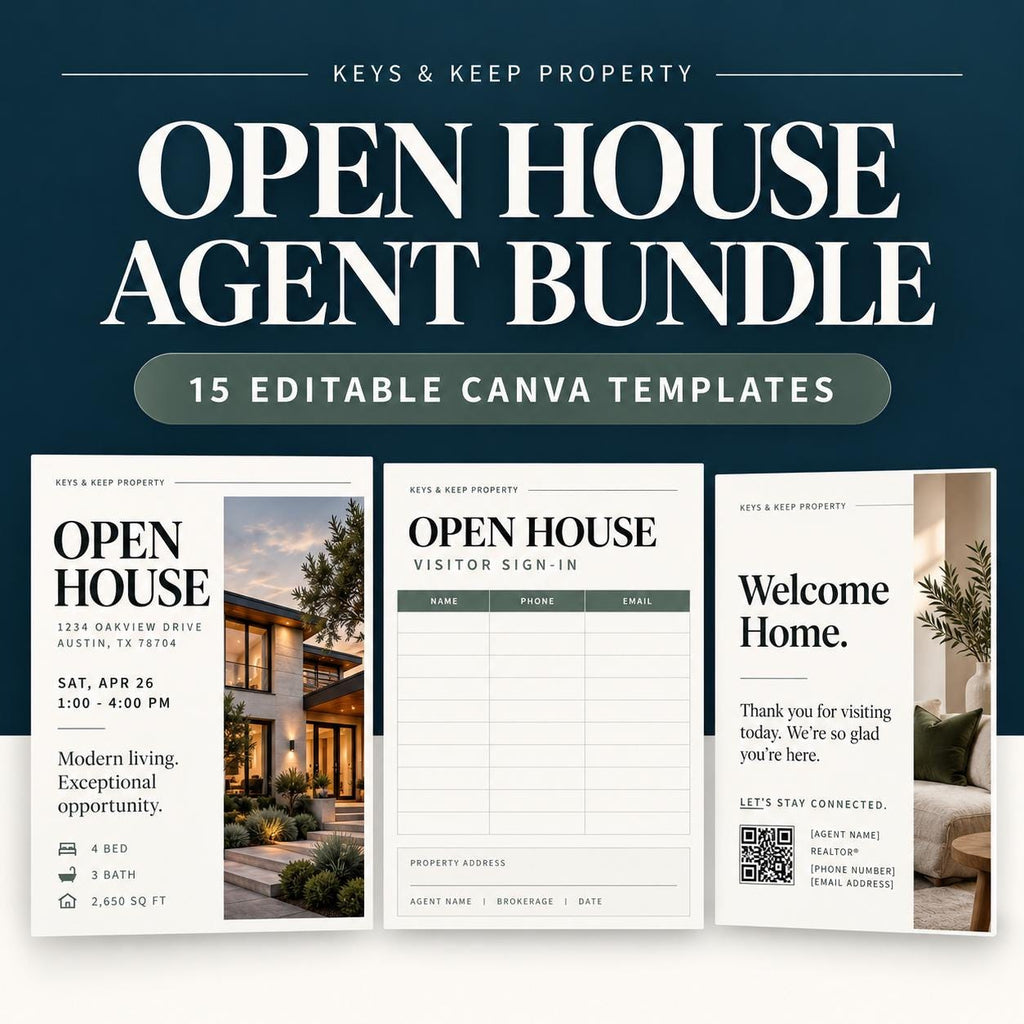 Open House Agent Bundle graphic with house-photo flyer, visitor sign-in, welcome card, and 15-template heading.