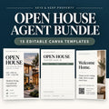 Open House Agent Bundle graphic with house-photo flyer, visitor sign-in, welcome card, and 15-template heading.