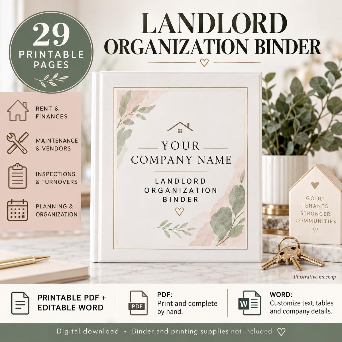 Landlord binder mockup with company-name placeholder, keys, house ornament, and PDF and Word format details.