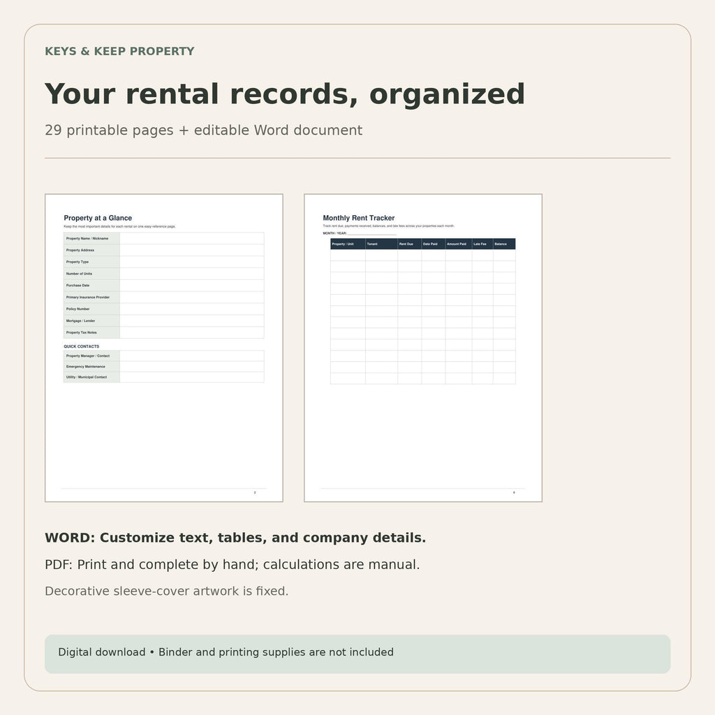 Property at a Glance and Monthly Rent Tracker previews with Word customization and PDF printing notes.
