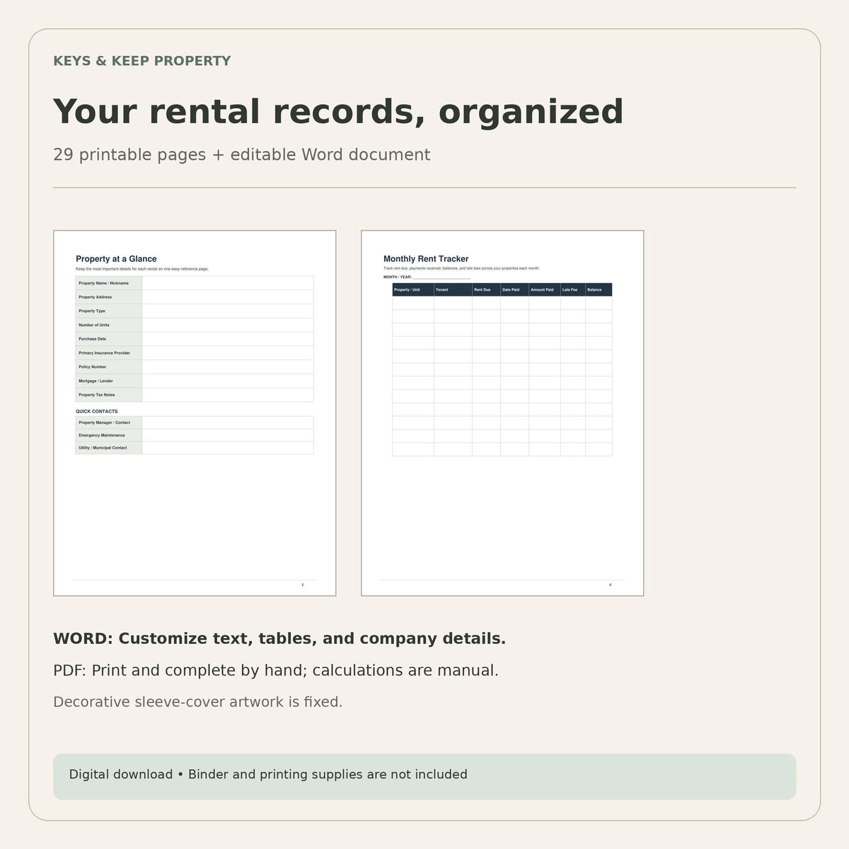 Landlord Organization Binder | Rental Property, Tenant, Rent and Maintenance Records | 29-Page Printable PDF + Word