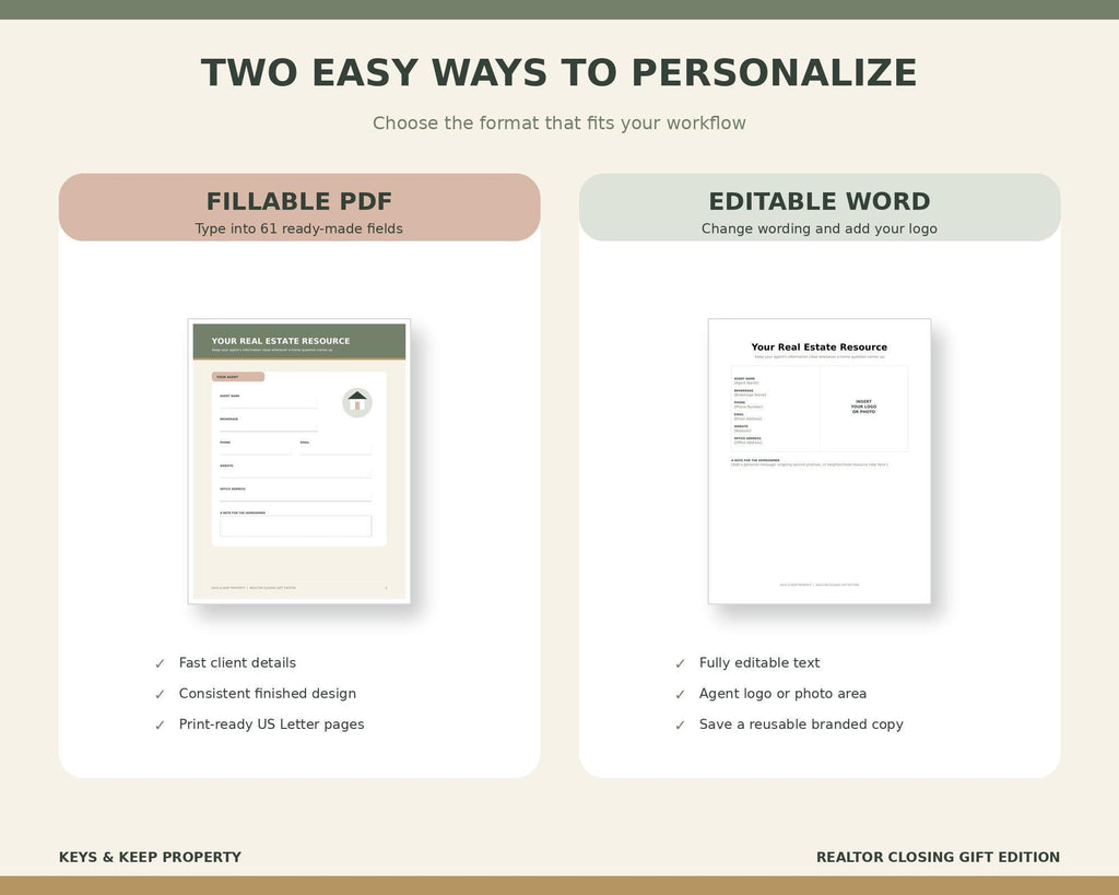 Agent-resource page shown in fillable PDF and editable Word layouts beneath Two easy ways to personalize.