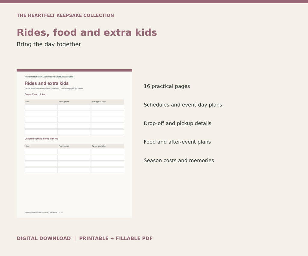 Dance Mom Planner | Competition and Season Organizer, Costumes, Carpool and Food | 16-Page Printable + Fillable PDF