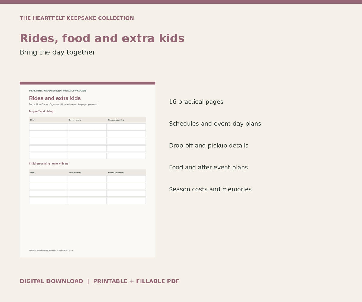 Dance Mom Planner | Competition and Season Organizer, Costumes, Carpool and Food | 16-Page Printable + Fillable PDF