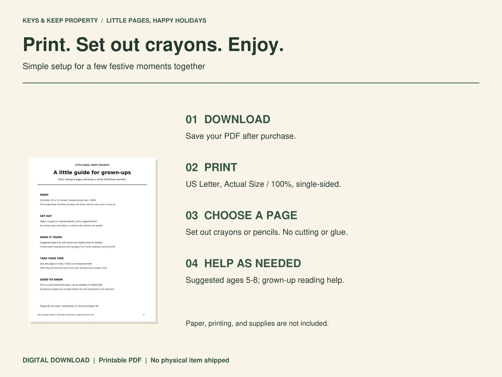 Grown-up guide preview with download, print, choose a page, and help instructions for Christmas activities.