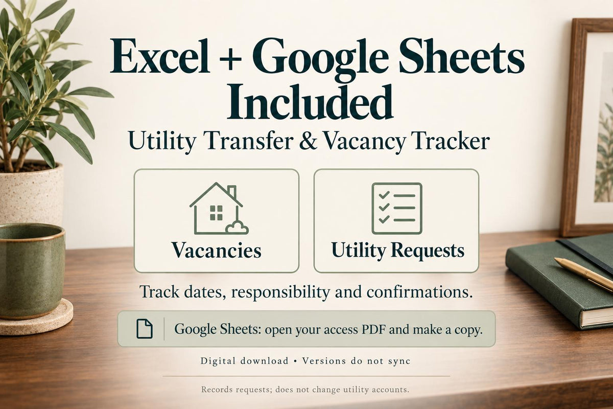 Rental Utility Transfer & Vacancy Tracker | Excel + Google Sheets Landlord Spreadsheet + Checklists