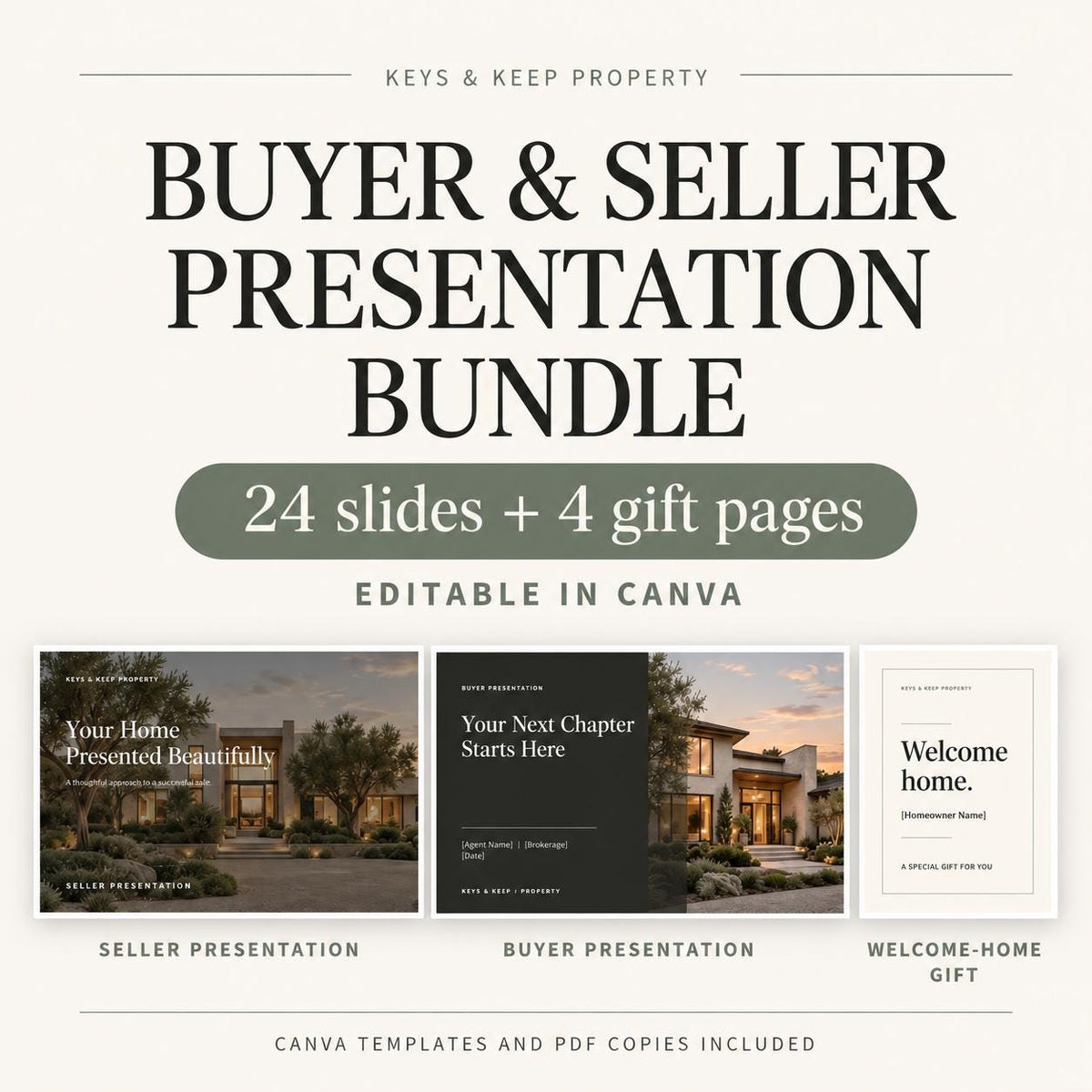 Real Estate Buyer and Seller Presentation Bundle | Editable Canva Templates, 12 Slides Each + Welcome Home Gift