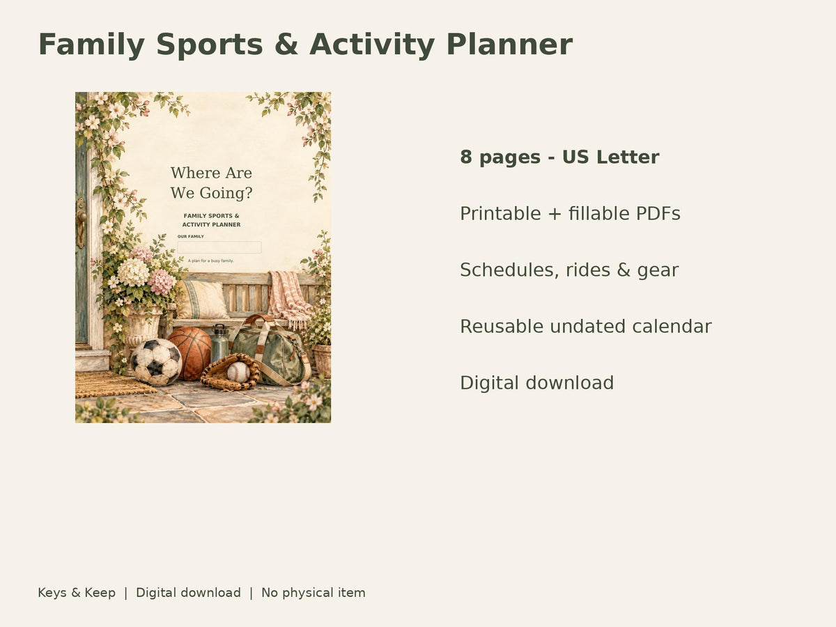 Family Sports Planner | Kids Activity Calendar, Practice Schedule and Carpool Plan | 8-Page Printable + Fillable PDF