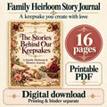 Family Heirloom Story Journal graphic with rose-and-gold keepsake cover, letter, locket, lace, and a 16-page badge.