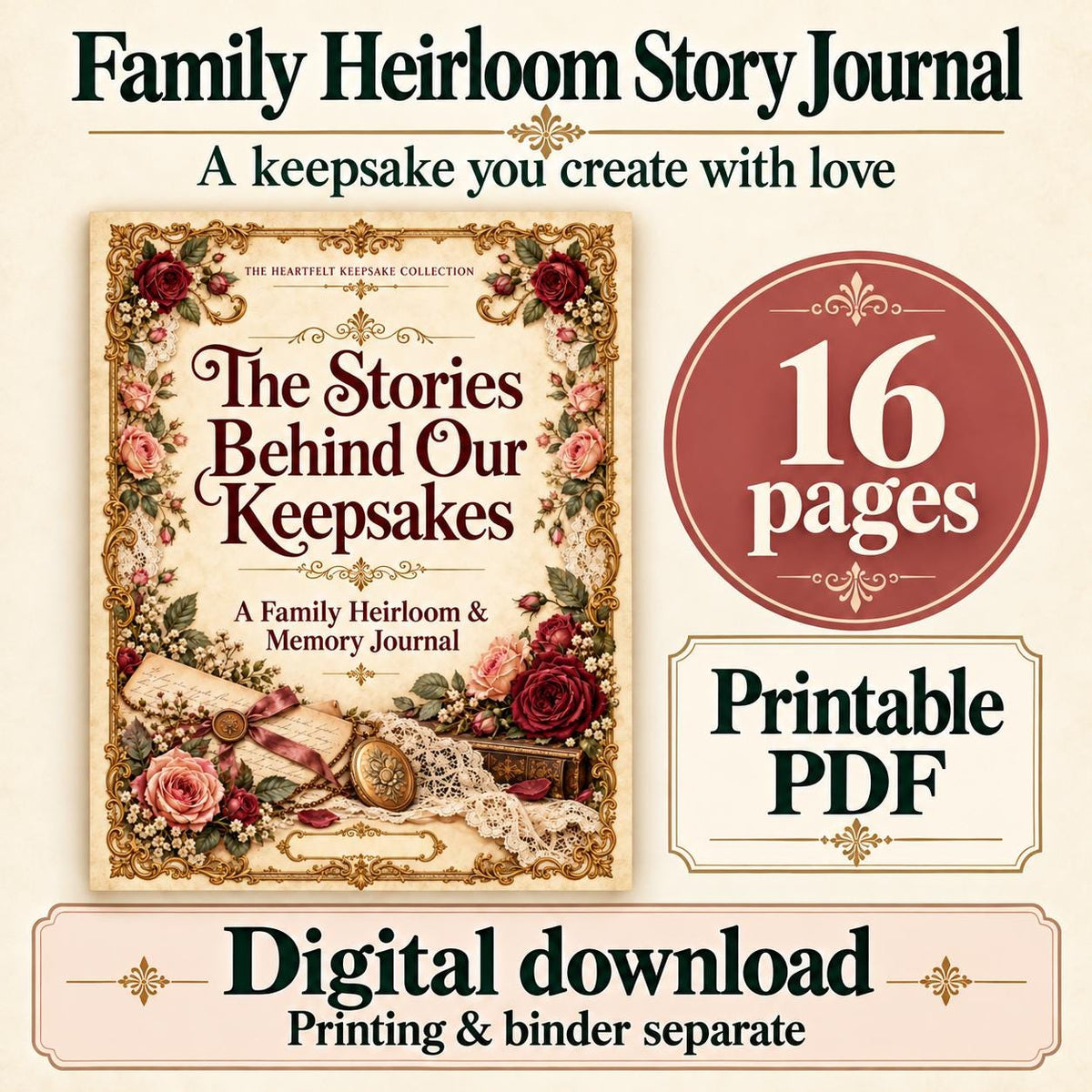 Family Keepsake Journal Printable | Heirloom Stories, Photos and Family Memories | 16-Page PDF
