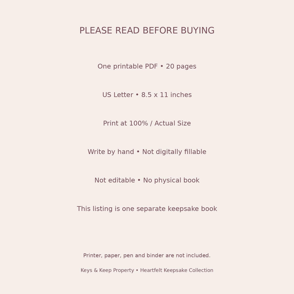 Recipe book purchase-information graphic listing 20 printable US Letter pages for handwriting, with no physical book.
