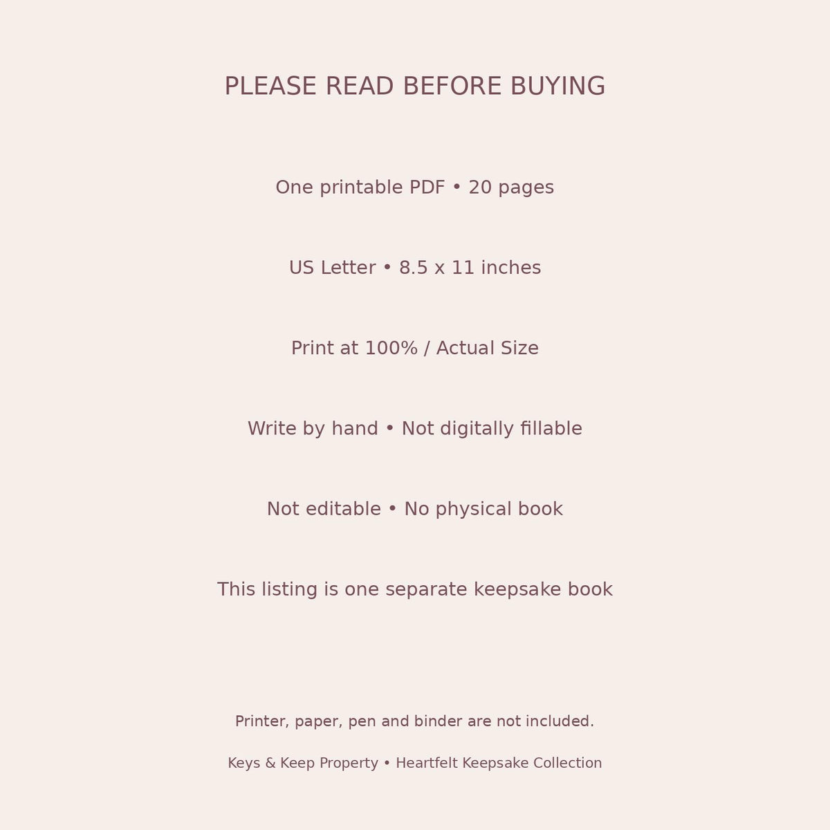 Recipe book purchase-information graphic listing 20 printable US Letter pages for handwriting, with no physical book.
