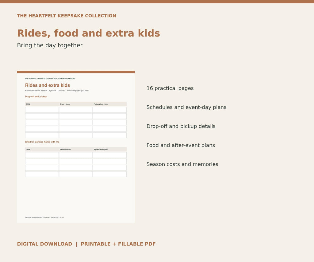 Basketball Parent Season Organizer | Printable and Fillable PDF, Games, Rides, Food and Jerseys