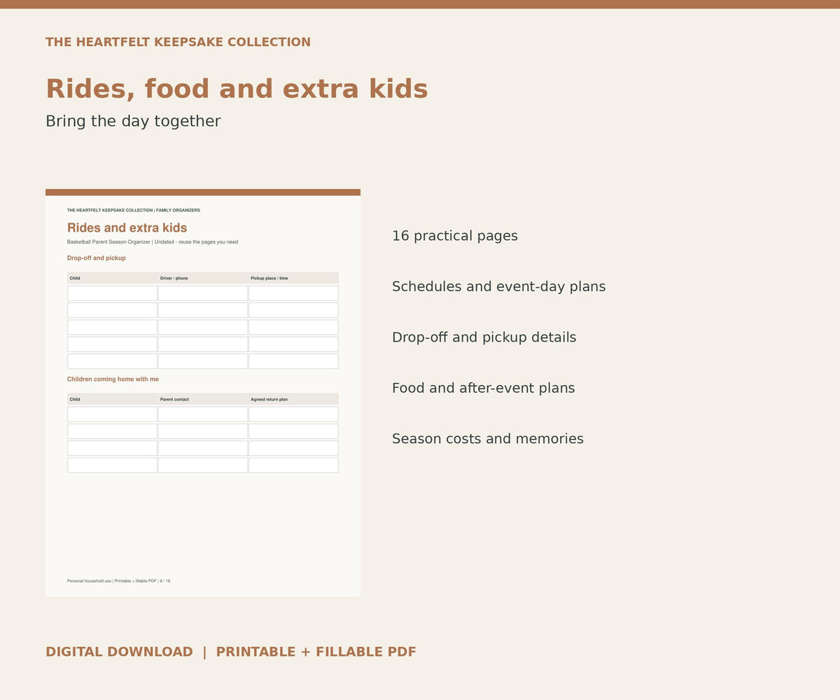 Basketball Parent Season Organizer | Printable and Fillable PDF, Games, Rides, Food and Jerseys