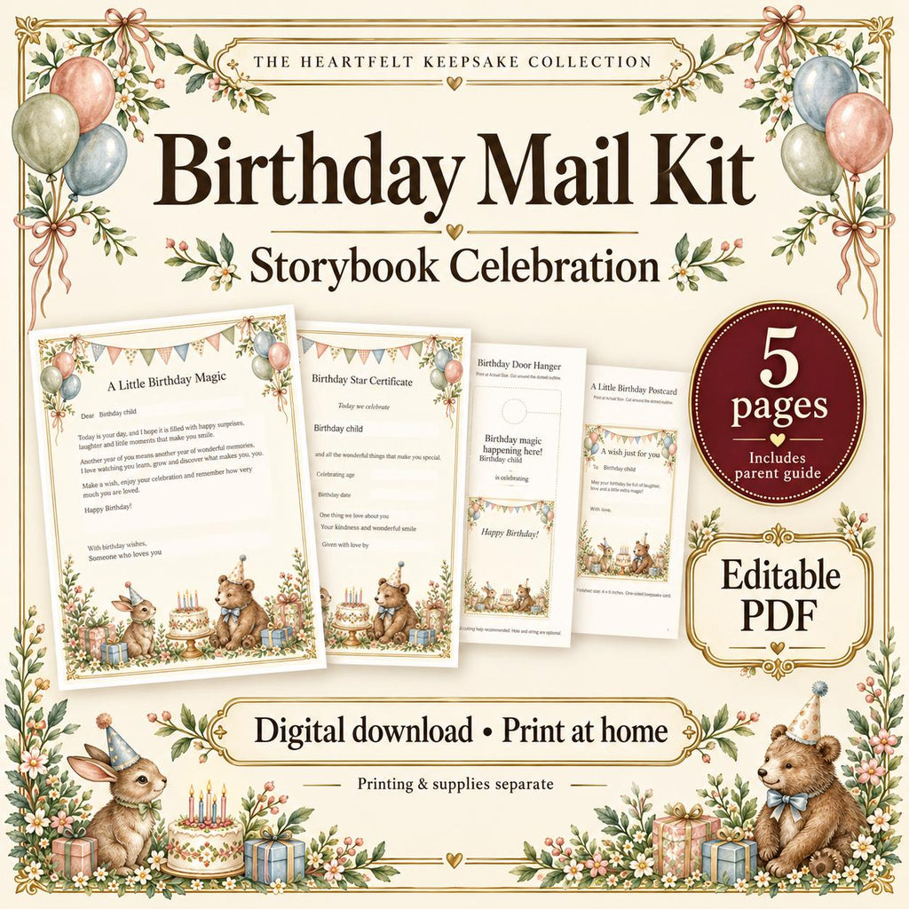 Birthday Letter Printable Kit | Editable PDF, Certificate, Door Hanger and Postcard | Storybook Celebration