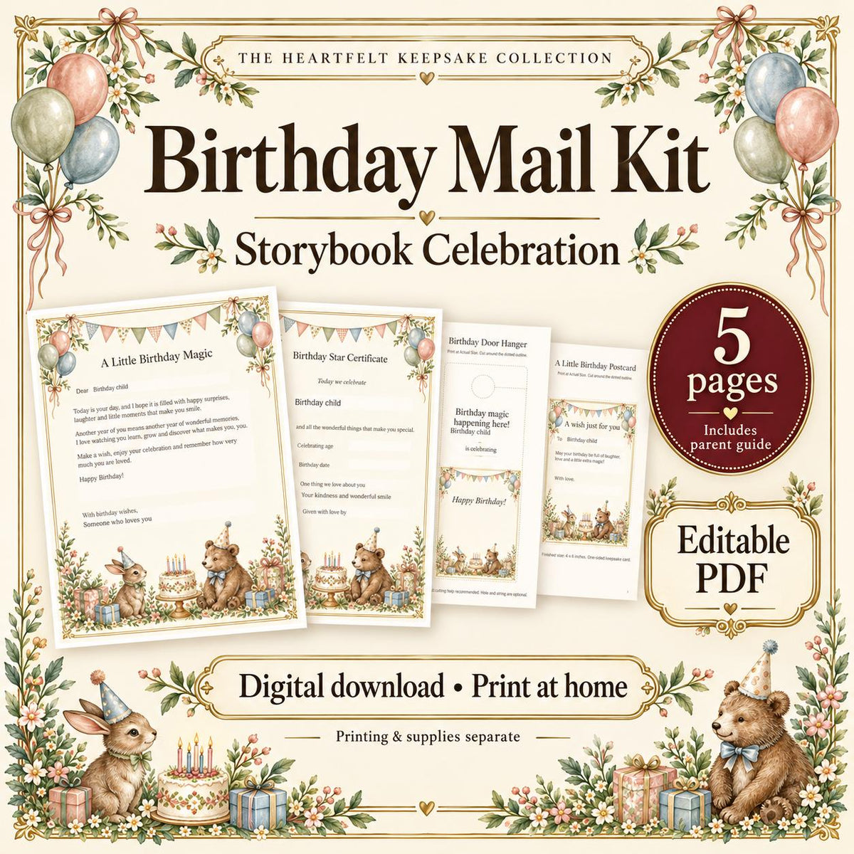 Birthday Letter Printable Kit | Editable PDF, Certificate, Door Hanger and Postcard | Storybook Celebration