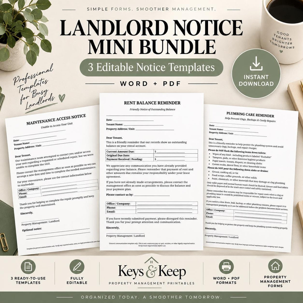 Landlord Notice Bundle | 3 Tenant Communication Forms, Editable Word & Printable PDF