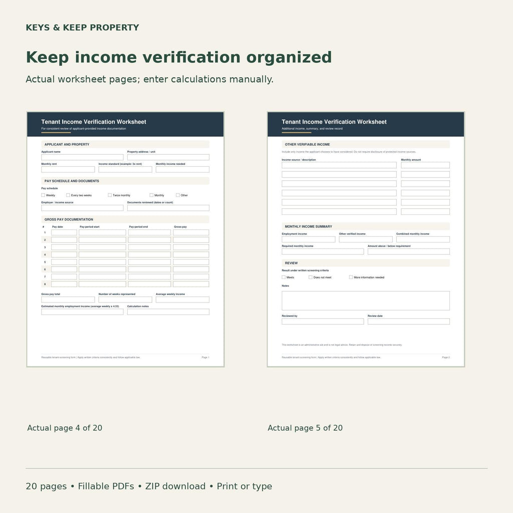 Tenant Screening Packet | 20-Page Fillable PDFs + Editable Word Applicant Handout