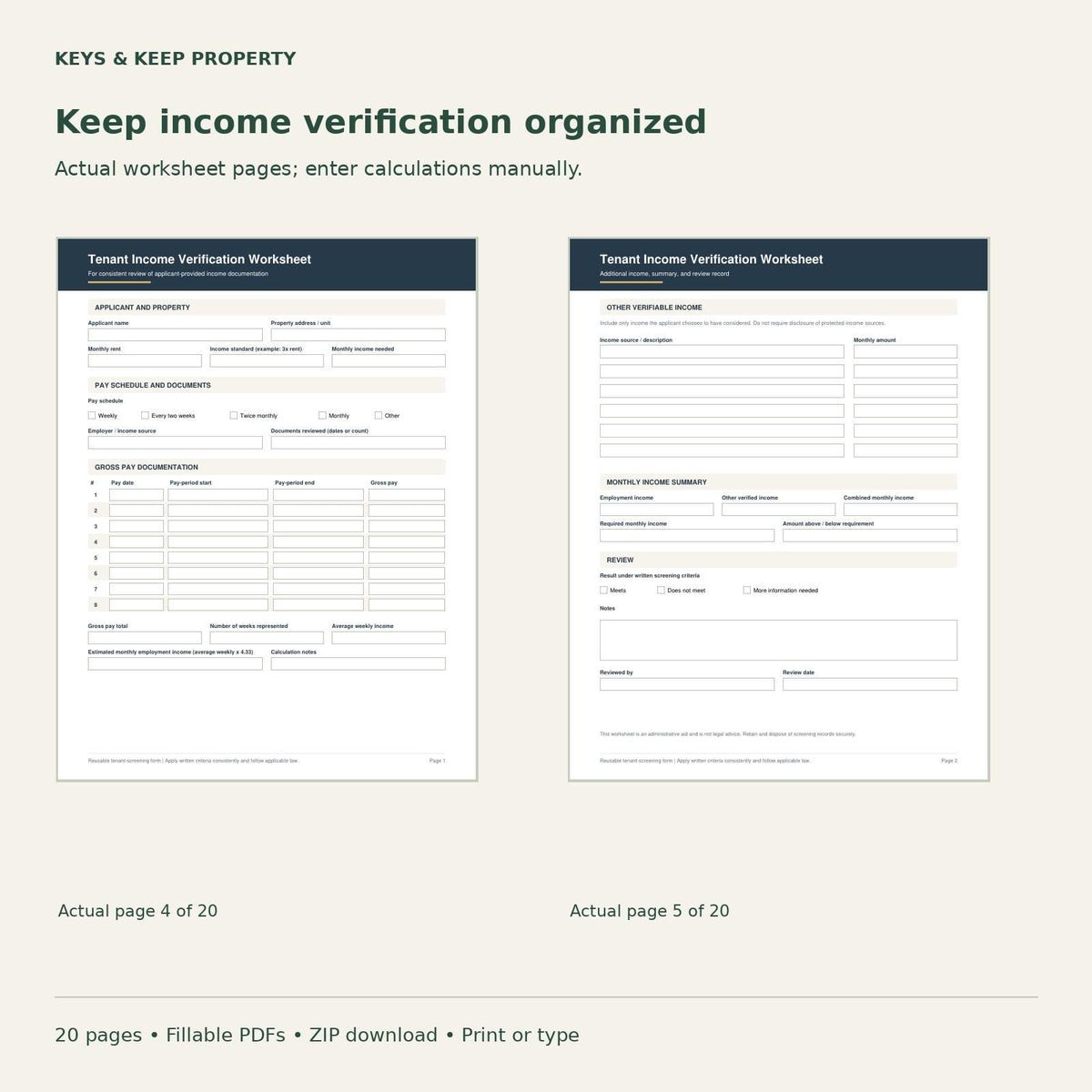 Tenant Screening Packet | 20-Page Fillable PDFs + Editable Word Applicant Handout