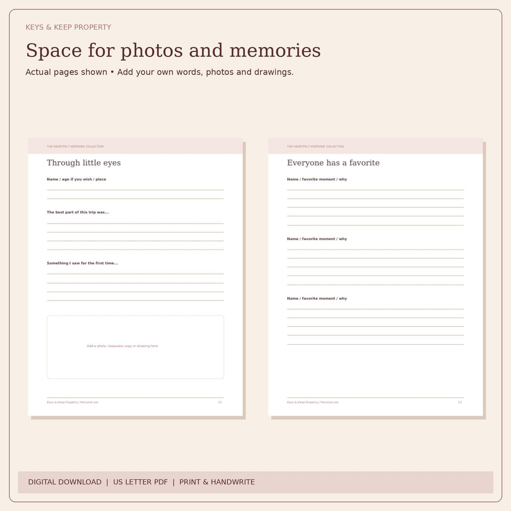 Vacation memory pages titled Through little eyes and Everyone has a favorite, with writing lines and a picture space.