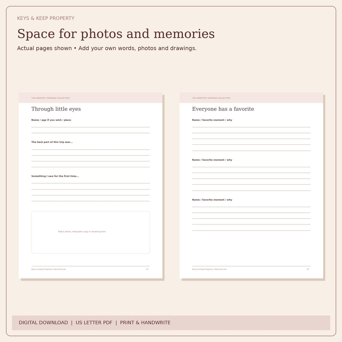 Family Vacation Memory Book Printable | Travel Journal, Trip Stories and Photo Pages | 20-Page PDF