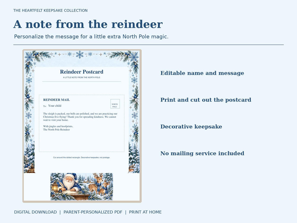 Reindeer Postcard template with blue snowflake borders beside notes on personalizing and cutting the card.