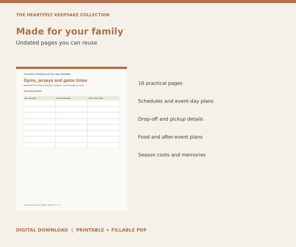 Basketball Parent Season Organizer | Printable and Fillable PDF, Games, Rides, Food and Jerseys