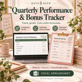 Quarterly Performance and Bonus Tracker | Excel & Google Sheets | Company Goals and Payment Tracking