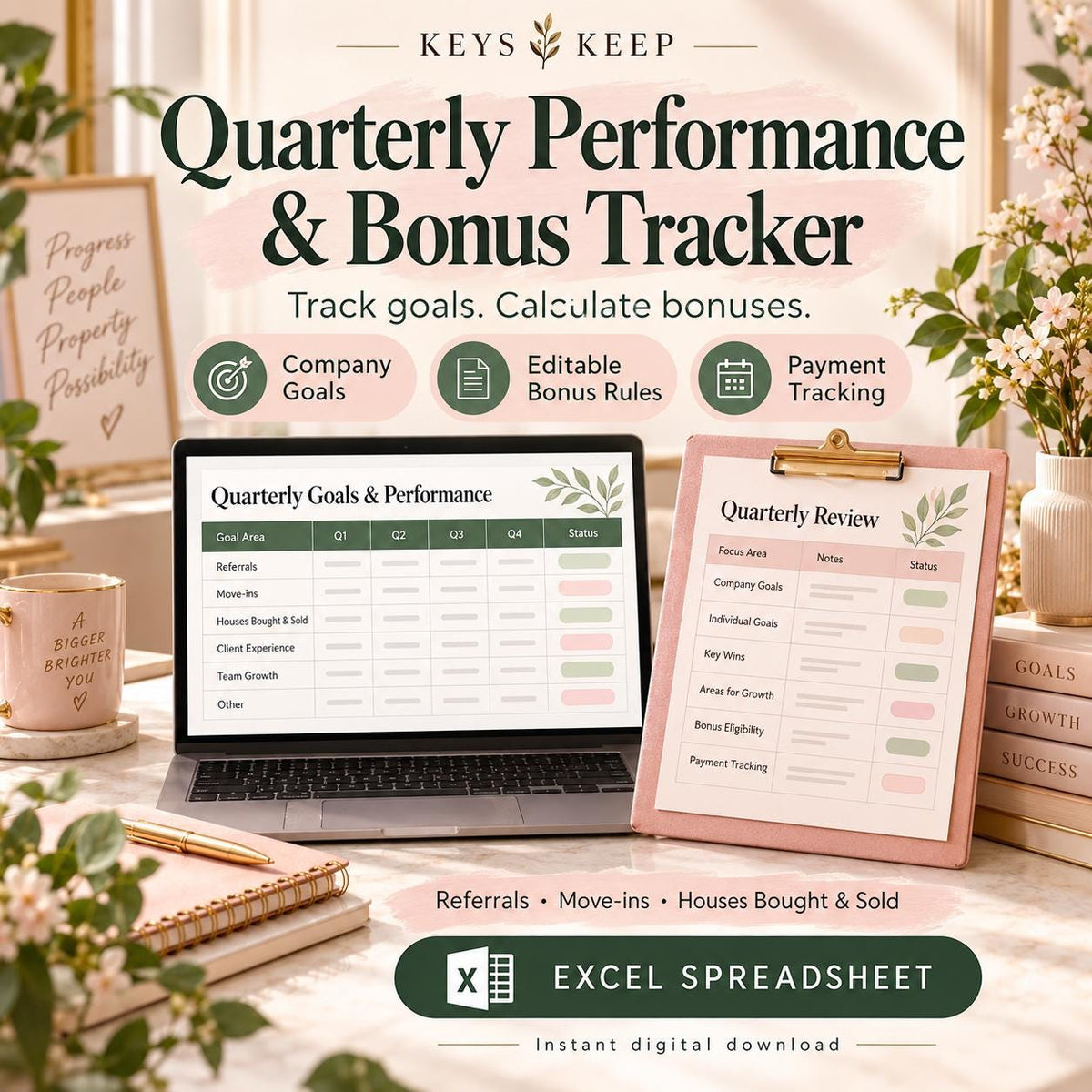 Quarterly Performance and Bonus Tracker | Excel & Google Sheets | Company Goals and Payment Tracking