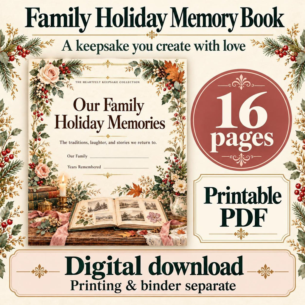 Family Holiday Memory Book Printable | Annual Traditions, Photos and Stories | 16-Page Victorian Keepsake PDF