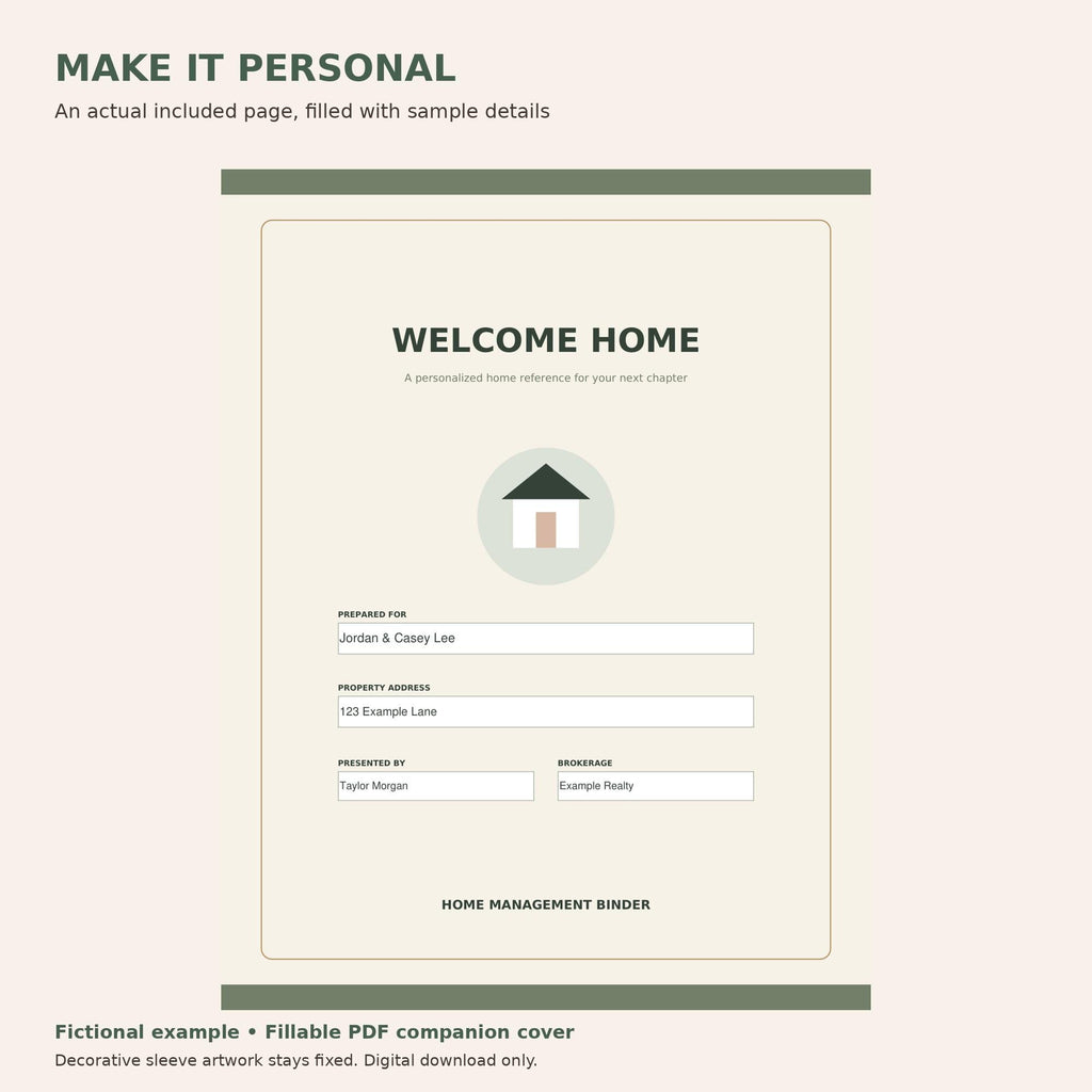 Welcome Home companion cover filled with fictional client, property, agent, and brokerage details beneath Make it personal.