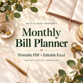 Monthly Bill Planner title graphic surrounded by eucalyptus, open pink notebook, gold pen, binder clips, mug, and keys.