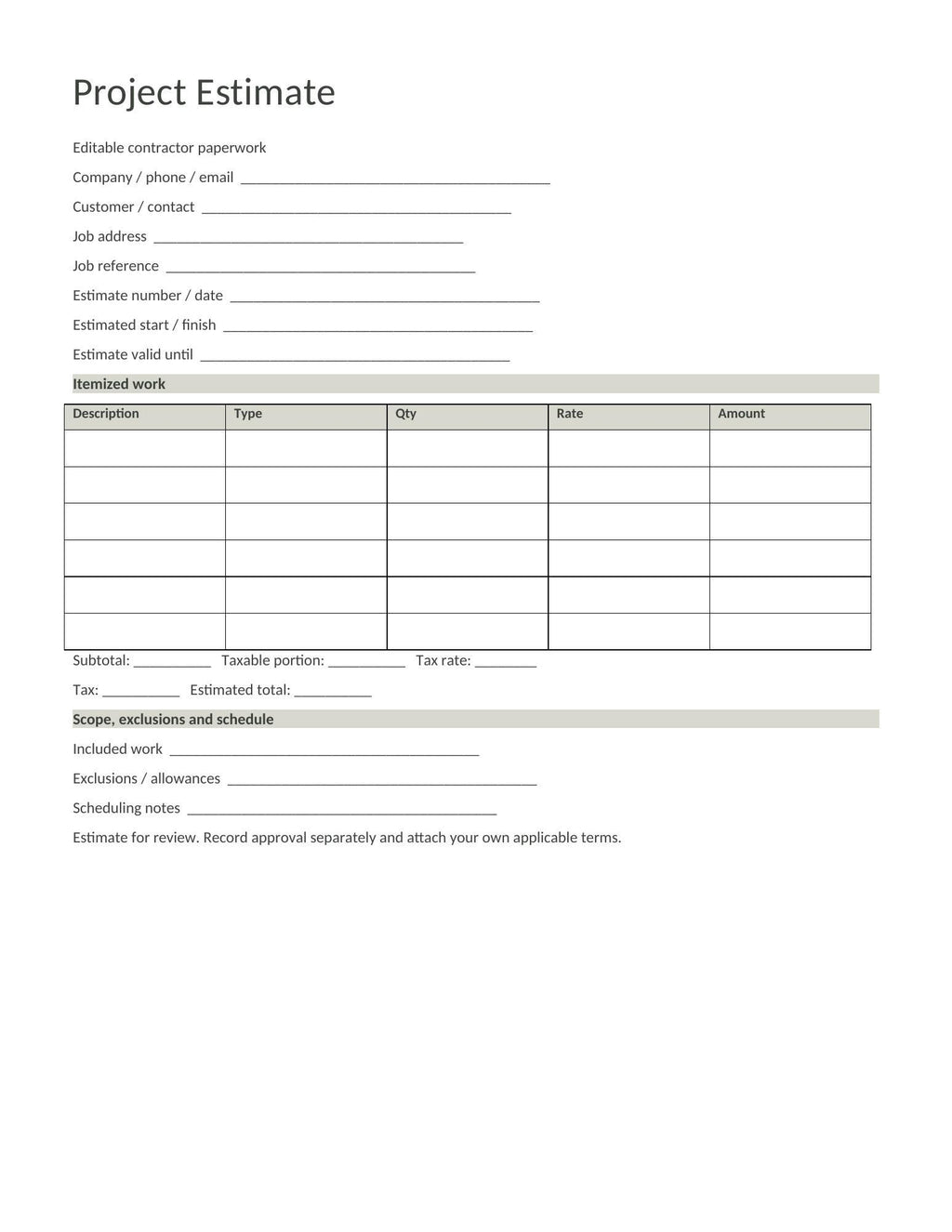 Blank Project Estimate form with itemized work table, totals, scope, exclusions, and schedule fields.